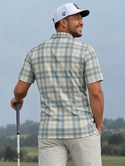 Sagegrünes Performance-Golf-Poloshirt mit Karomuster