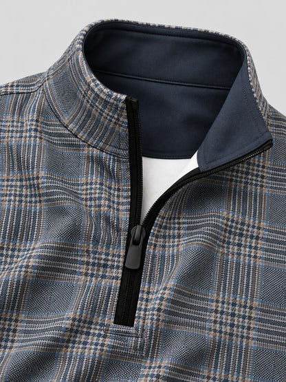Blau-grauer Golfpullover aus Funktionsmaterial mit Karomuster und kurzem Reißverschluss