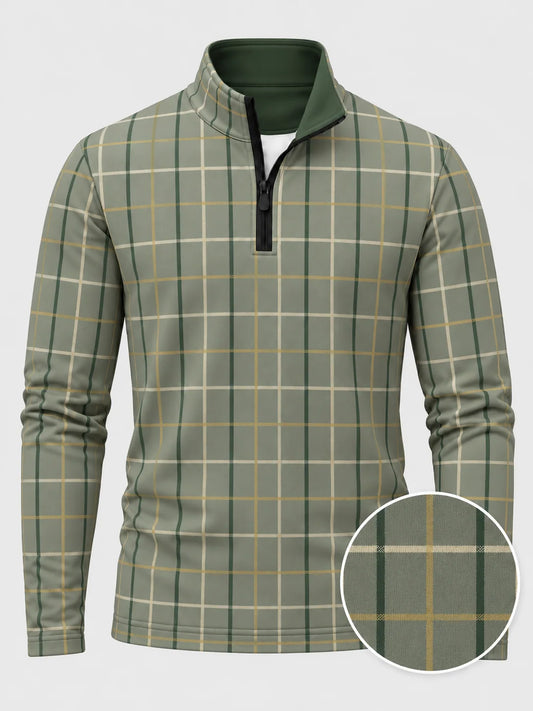 Golf-Pullover in Salbeigrün mit großem Karomuster und kurzem Reißverschluss