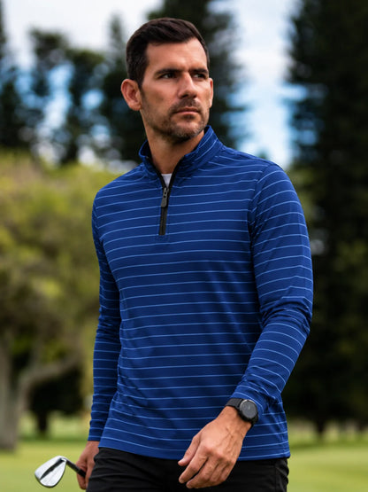 Königsblauer Performance-Quarter-Zip-Pullover mit feinem Streifenmuster