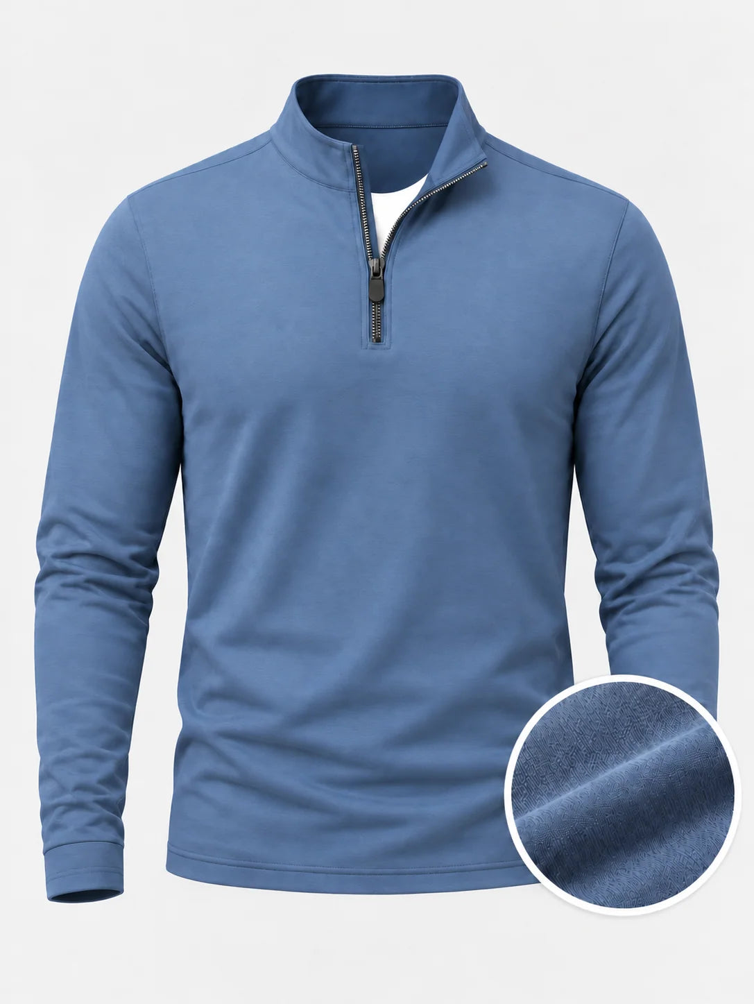 Staubblauer Golfpullover aus Funktionsmaterial mit strukturierter Oberfläche und kurzem Reißverschluss