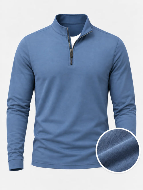 Staubblauer Golfpullover aus Funktionsmaterial mit strukturierter Oberfläche und kurzem Reißverschluss