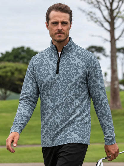 Blaugrauer Performance-Pullover mit Damastmuster und kurzem Reißverschluss