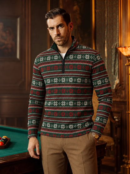 Golfpullover in Waldgrün mit weihnachtlichem Fair-Isle-Muster und Viertelreißverschluss