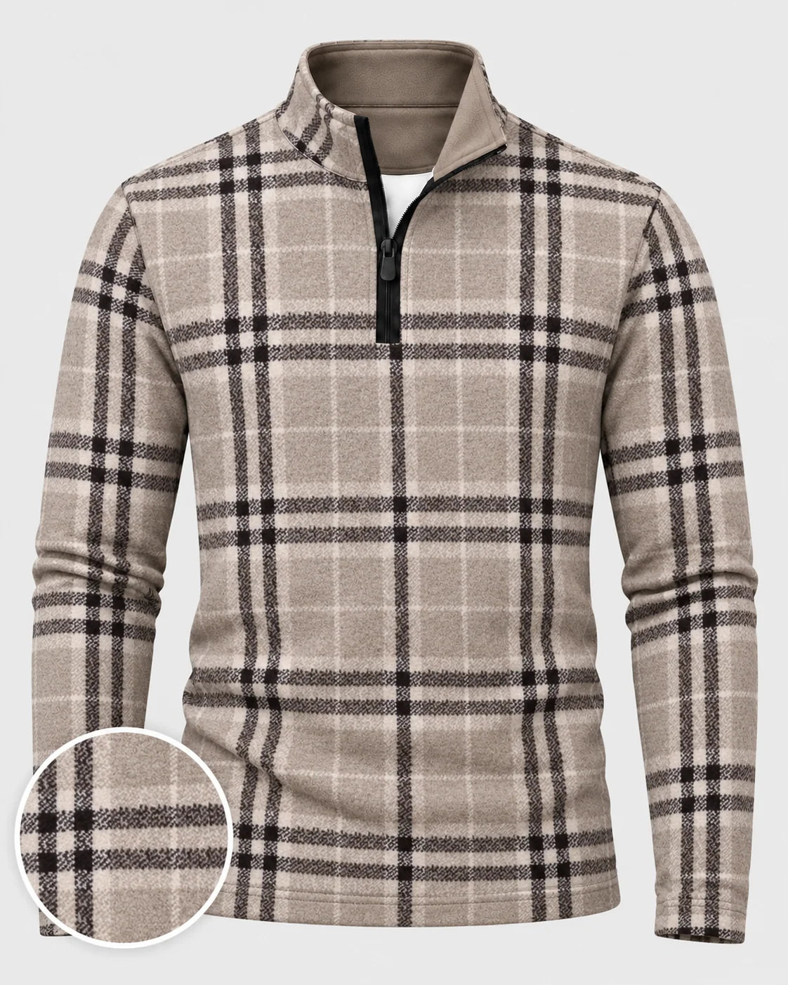 Golf-Pullover mit Viertelreißverschluss und Karomuster in Taupe