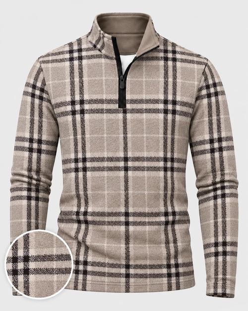 Golf-Pullover mit Viertelreißverschluss und Karomuster in Taupe