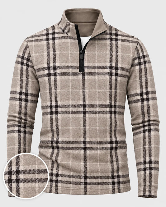 Golf-Pullover mit Viertelreißverschluss und Karomuster in Taupe