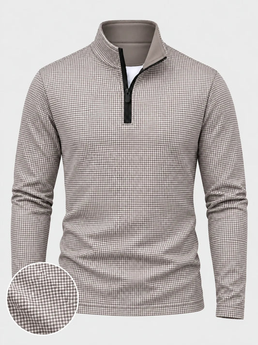 Golf-Pullover in Taupe mit Vichy-K Karomuster und kurzem Reißverschluss