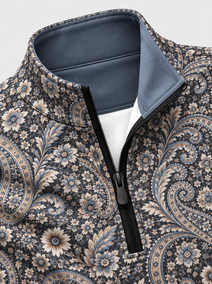 Blauer Golfpullover mit floralem Paisley-Muster, Funktionsmaterial und Viertelreißverschluss