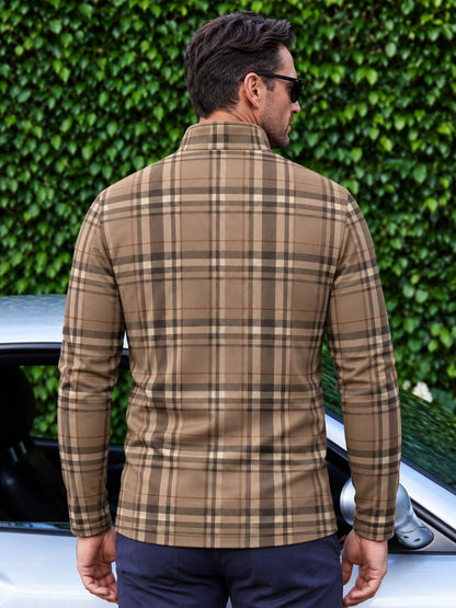 Golf-Pullover in Camel mit Tartan-Karomuster und kurzem Reißverschluss