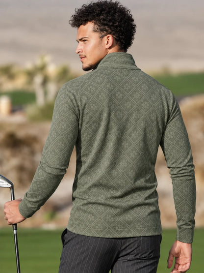 Salbeigrüner Herren-Golf-Pullover mit floralem Rautenmuster und kurzem Reißverschluss