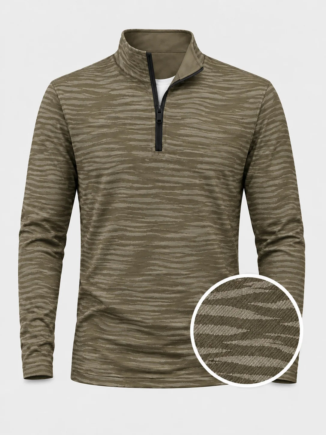 Olivgrüner Performance-Quarter-Zip-Pullover mit dezenten Schattenstreifen