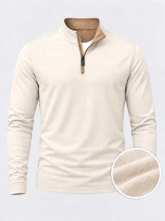 Cremebeiger Golf-Pullover mit strukturierter Oberfläche und Viertelreißverschluss aus Funktionsmaterial