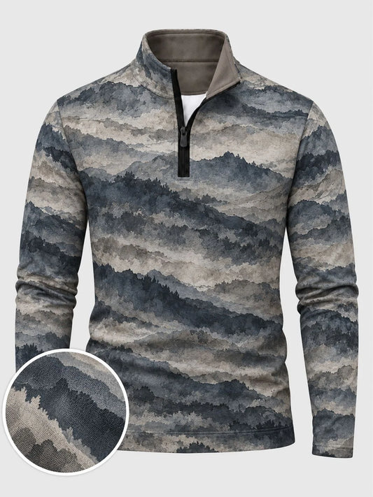 Golf-Pullover aus Funktionsmaterial in Schieferblau mit nebligem Berglandschaftsmotiv und Viertelreißverschluss