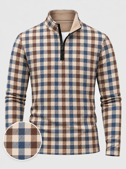 Golf-Pullover in Creme mit mehrfarbigem Karomuster und kurzem Reißverschluss