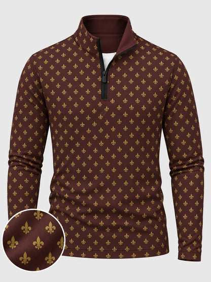 Golfpullover in Braun mit weihnachtlichem Emblem-Muster und Viertelreißverschluss