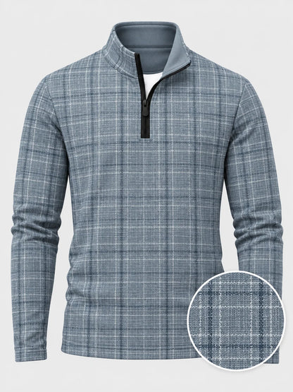 Golf-Pullover aus Funktionsmaterial in Staubblau mit gekreuztem Karomuster und Viertelreißverschluss