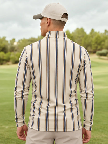 Cremefarbener Golfpullover für Herren mit marineblauem Längsstreifenmuster und Viertelreißverschluss