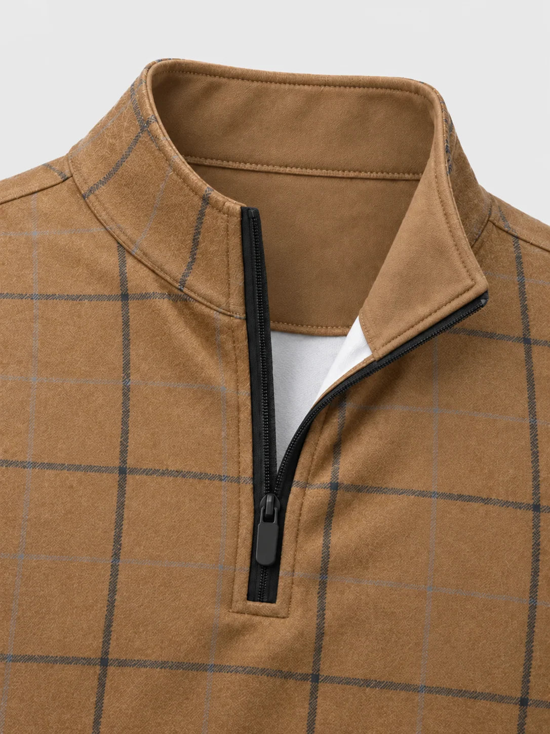 Kamelfarbener Performance-Quarter-Zip-Pullover mit Fensterkaromuster