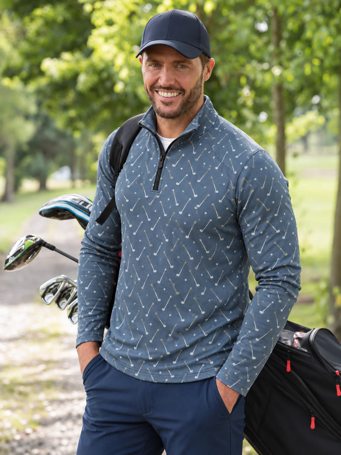 Schieferblauer Golfpullover mit Golfclub-Muster und kurzem Reißverschluss