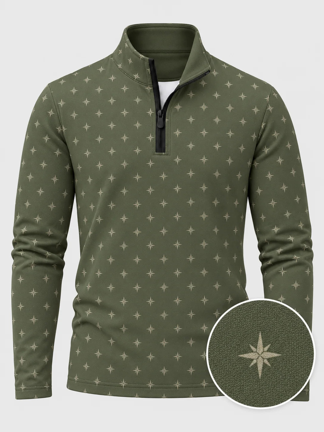 Golfpullover mit Sternenmuster in Olivgrün, Funktionsmaterial und Viertelreißverschluss