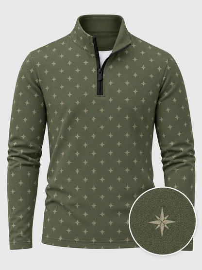 Golfpullover mit Sternenmuster in Olivgrün, Funktionsmaterial und Viertelreißverschluss