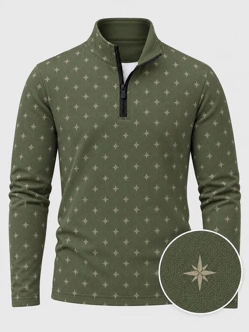 Golfpullover mit Sternenmuster in Olivgrün, Funktionsmaterial und Viertelreißverschluss