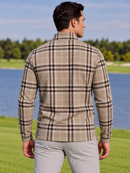 Golf-Pullover mit Viertelreißverschluss und Karomuster in Taupe