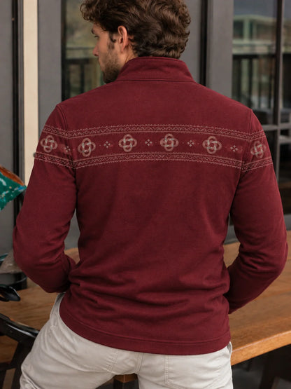Burgunderroter Performance-Pullover mit keltischem Knotenmuster und Viertelreißverschluss