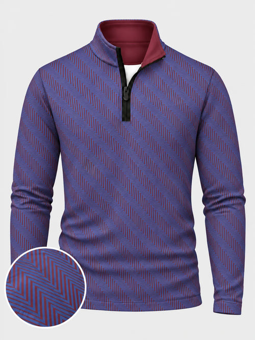 Golfpullover in Kobaltblau und Burgunderrot mit Fischgrätmuster und Viertelreißverschluss