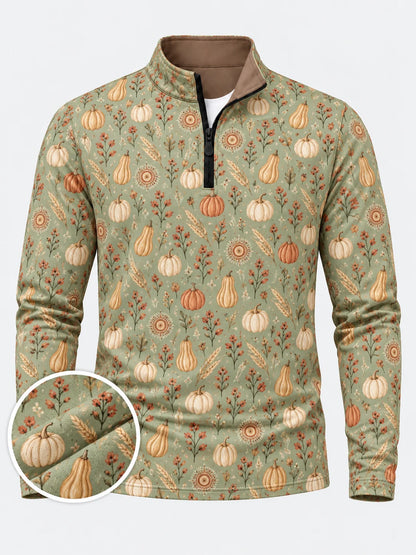 Golf-Pullover mit Viertelreißverschluss in Salbeigrün mit Kürbismotiv