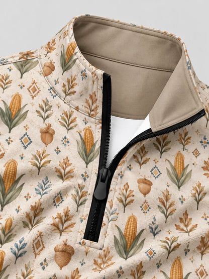 Performance-Golfpullover in Creme mit Erntemotiv und Viertelreißverschluss