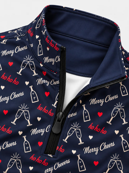 Golfpullover in Mitternachtsblau mit festlichem Weihnachtsmotiv und Viertelreißverschluss