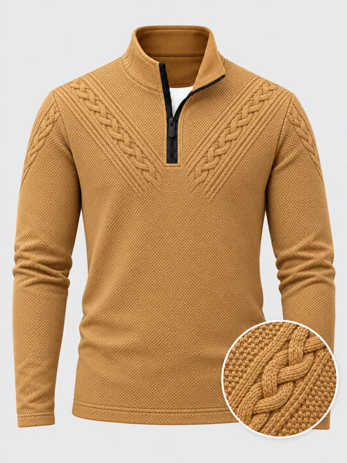 Golf-Pullover mit Viertelreißverschluss und Zopfmuster in Goldbraun- und Kameltönen