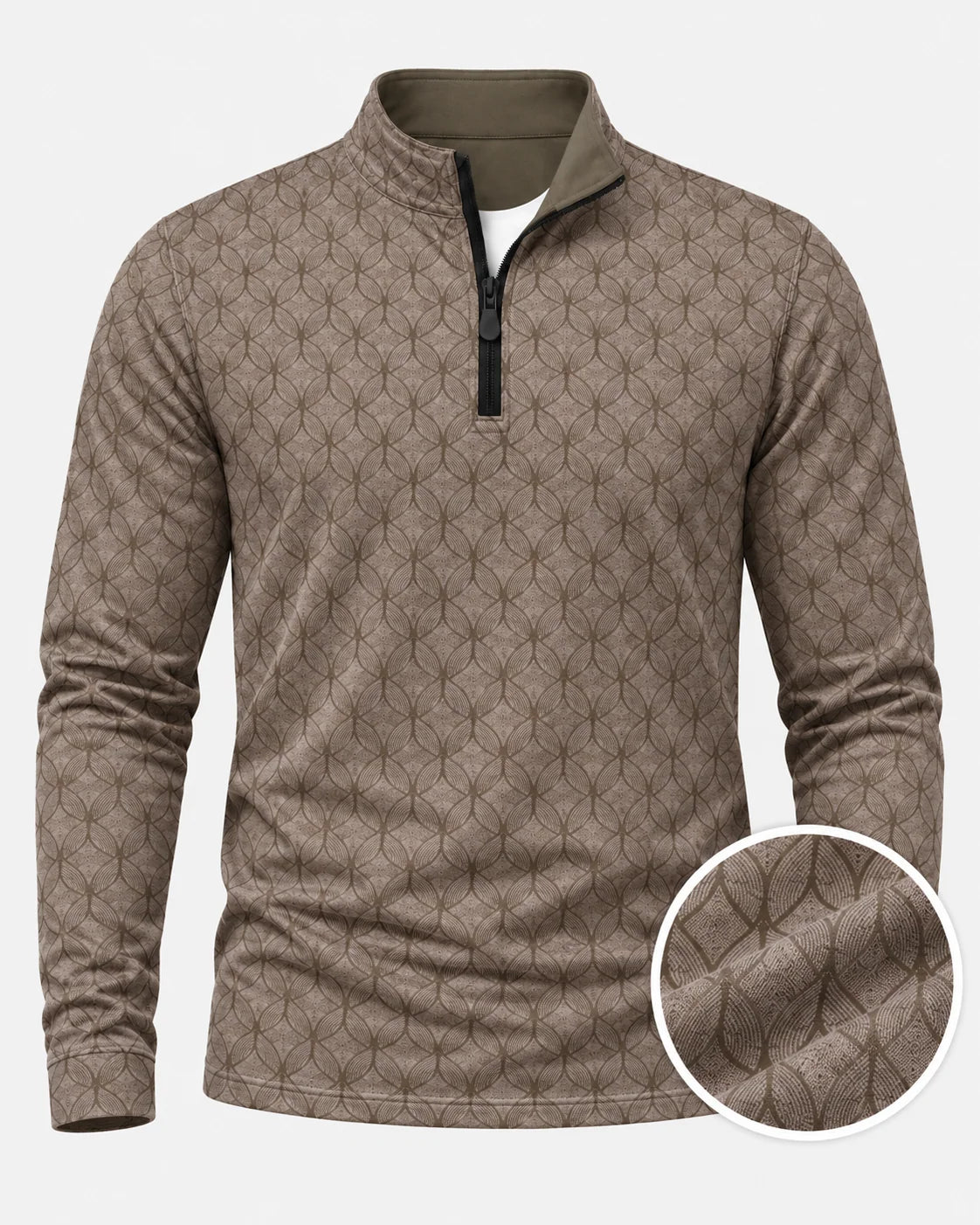 Performance-Golfpullover in Taupebraun mit geometrischem Muster und Viertelreißverschluss