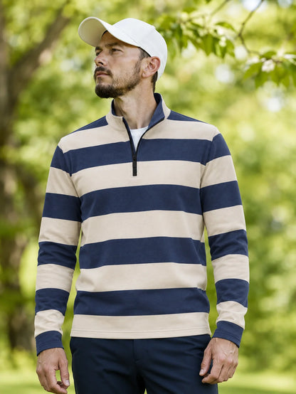 Marineblauer Golf-Pullover mit elfenbeinfarbenen Rugby-Streifen und Viertelreißverschluss aus Funktionsmaterial