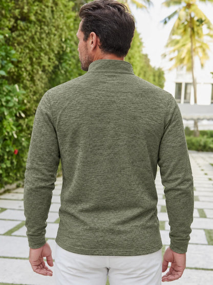 Salbeigrüner Golf-Pullover aus meliertem Strick mit Viertelreißverschluss