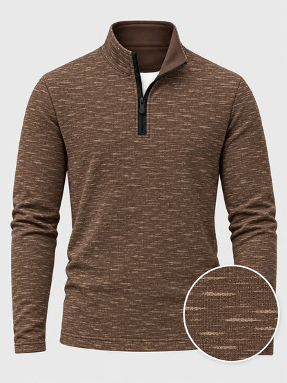 Golf-Pullover mit Viertelreißverschluss und melierter Struktur in Braun