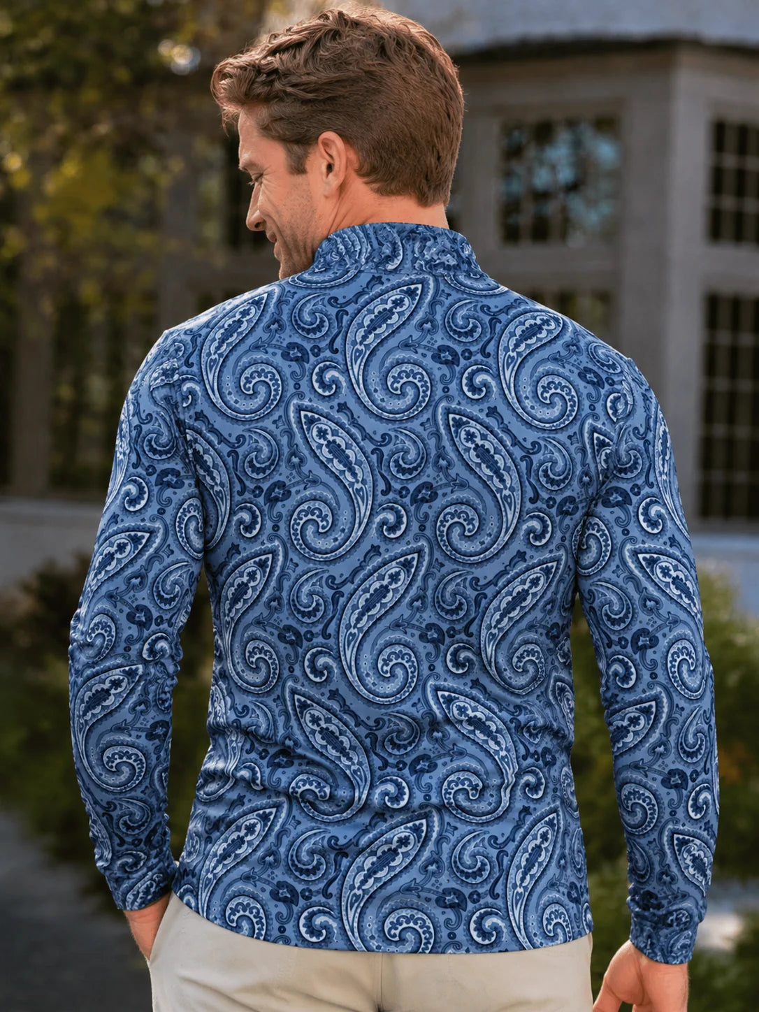 Blauer Performance-Pullover mit Viertelreißverschluss und Paisley-Muster