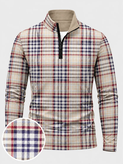 Cremefarbener Golf-Pullover mit Tartan-Karomuster und Viertelreißverschluss