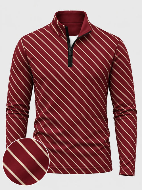 Golfpullover in Burgunderrot mit weihnachtlichem Streifenmuster und Viertelreißverschluss