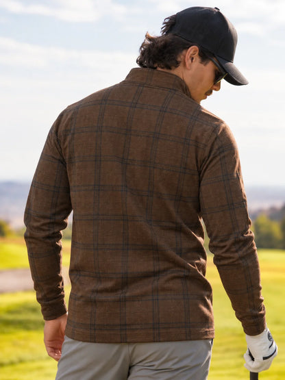 Golf-Pullover mit Viertelreißverschluss und edlem braunem Fensterkaro-Muster aus Funktionsmaterial