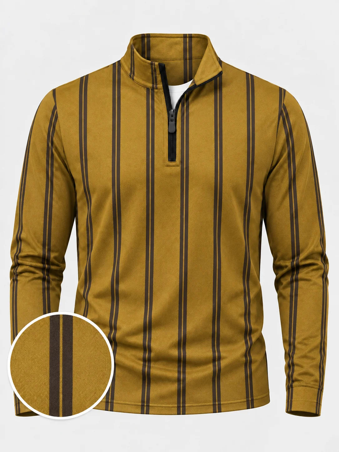 Senfgelber Golf-Pullover mit Streifenmuster und Viertelreißverschluss aus Funktionsmaterial
