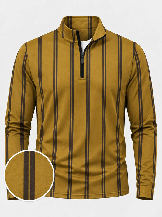 Senfgelber Golf-Pullover mit Streifenmuster und Viertelreißverschluss aus Funktionsmaterial