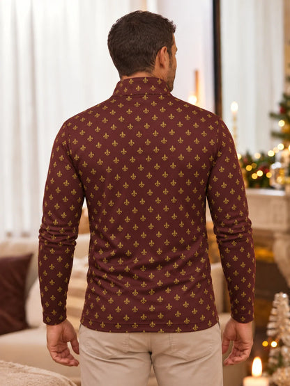 Golfpullover in Braun mit weihnachtlichem Emblem-Muster und Viertelreißverschluss