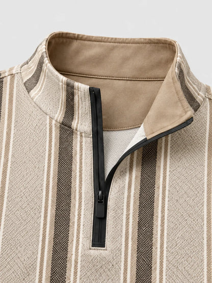 Sandfarbener Quarter-Zip-Pullover mit Streifenmuster