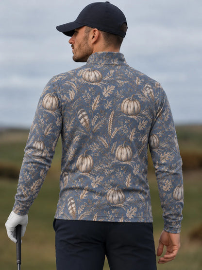Staubblauer Golfpullover aus Funktionsmaterial mit Kürbismotiv und kurzem Reißverschluss