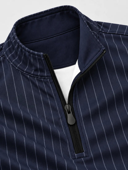 Performance-Golfpullover in Marineblau mit Nadelstreifen und Viertelreißverschluss