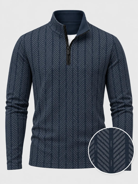 Golfpullover mit Fischgrätmuster in Marineblau, Funktionsmaterial und Viertelreißverschluss