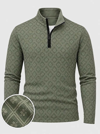 Salbeigrüner Herren-Golf-Pullover mit floralem Rautenmuster und kurzem Reißverschluss